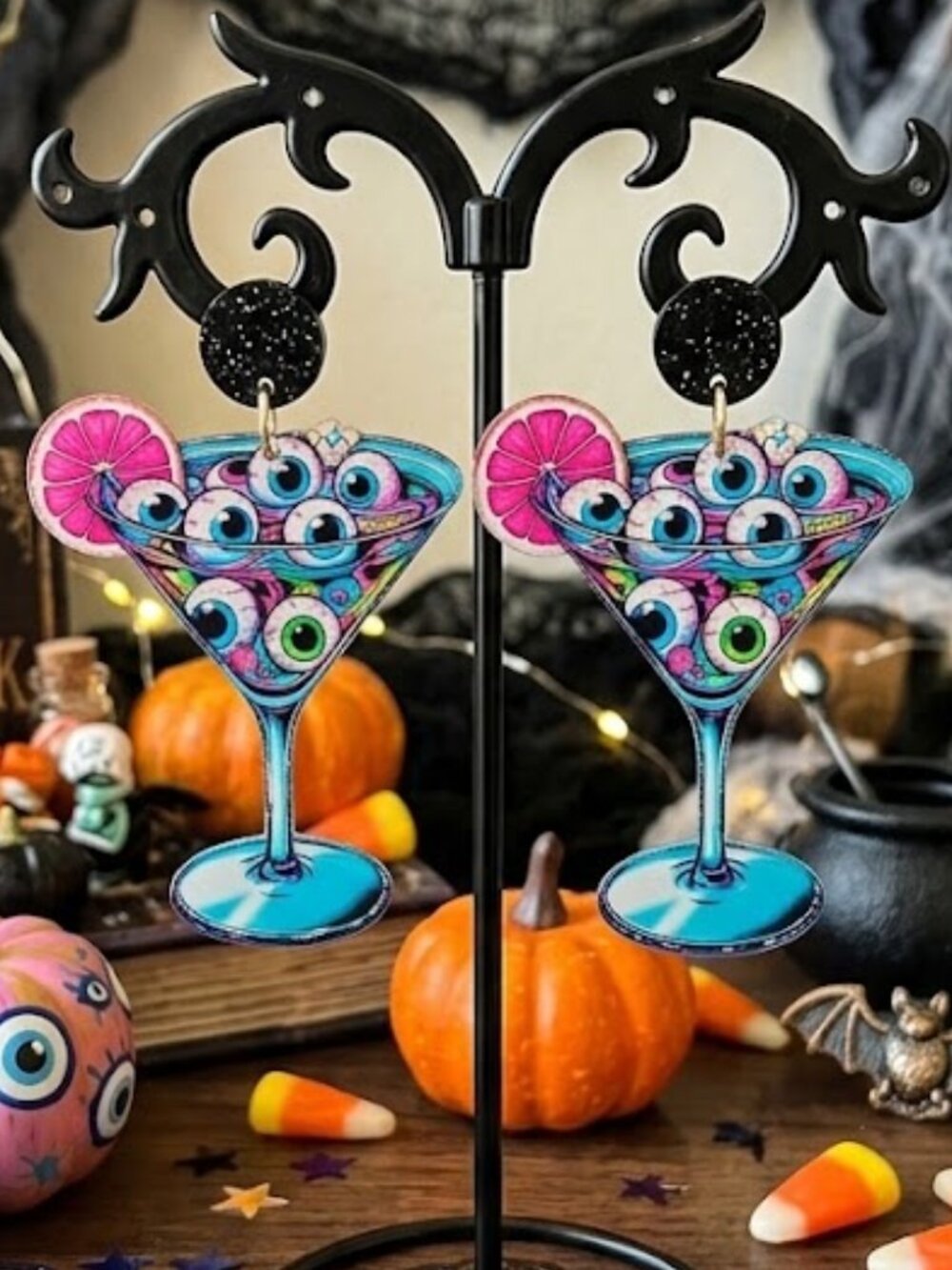 Halloween Earrings Fun & Funky Acrylic Eyeball Eye Witch Party Cocktail Martini